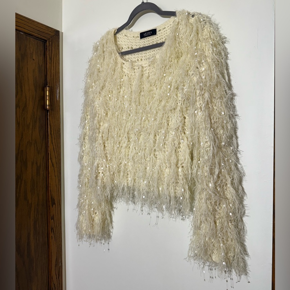 AKIRA Luxe Fuzzy Shag Sweater Furry Eyelash Festive Holiday Cream Mobwife - Picture 3 of 8